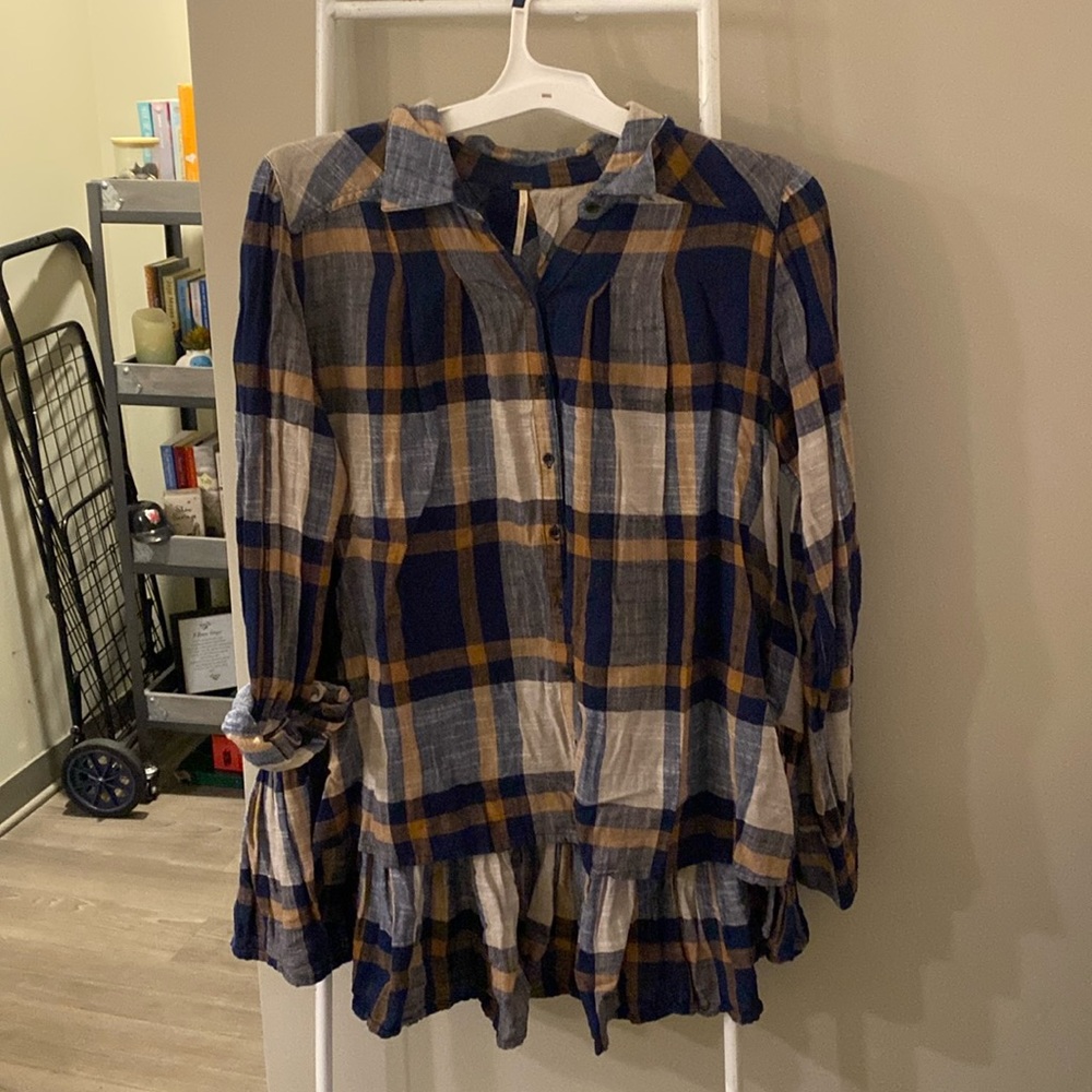 Free People Blue Cream and Orange Plaid Button Up Shirt Size S